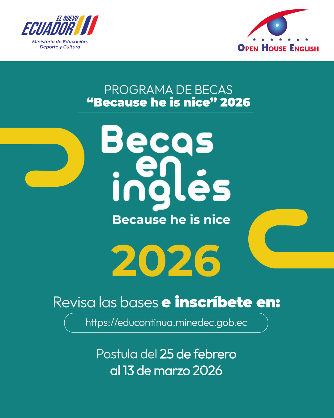 Programa de Becas Because he is nice 2026 - Open House English